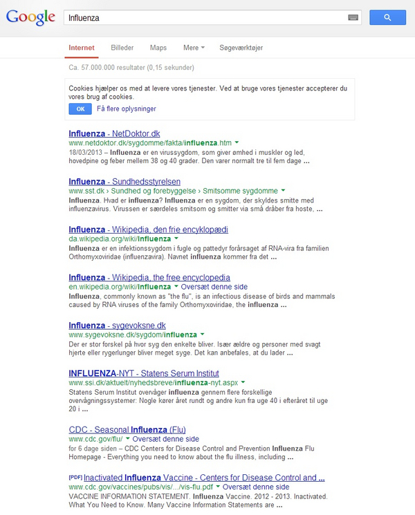 Billedet viser, hvordan en resultatside fra Google kan se ud, hvis du søger på ordet "Influenza".