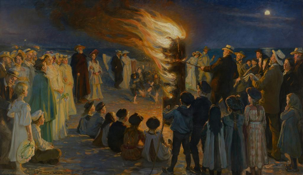 P.S. Krøyer malede mange glade og positive motiver. Her har han malet sin familie og sine venner ved et Sank Hansbål på Skagen strand.  