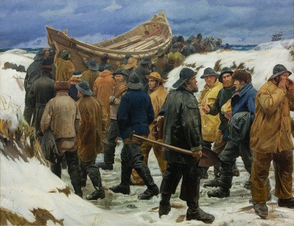 Michael Ancher  Redningsbaaden koeres gennem klitterne  1883
